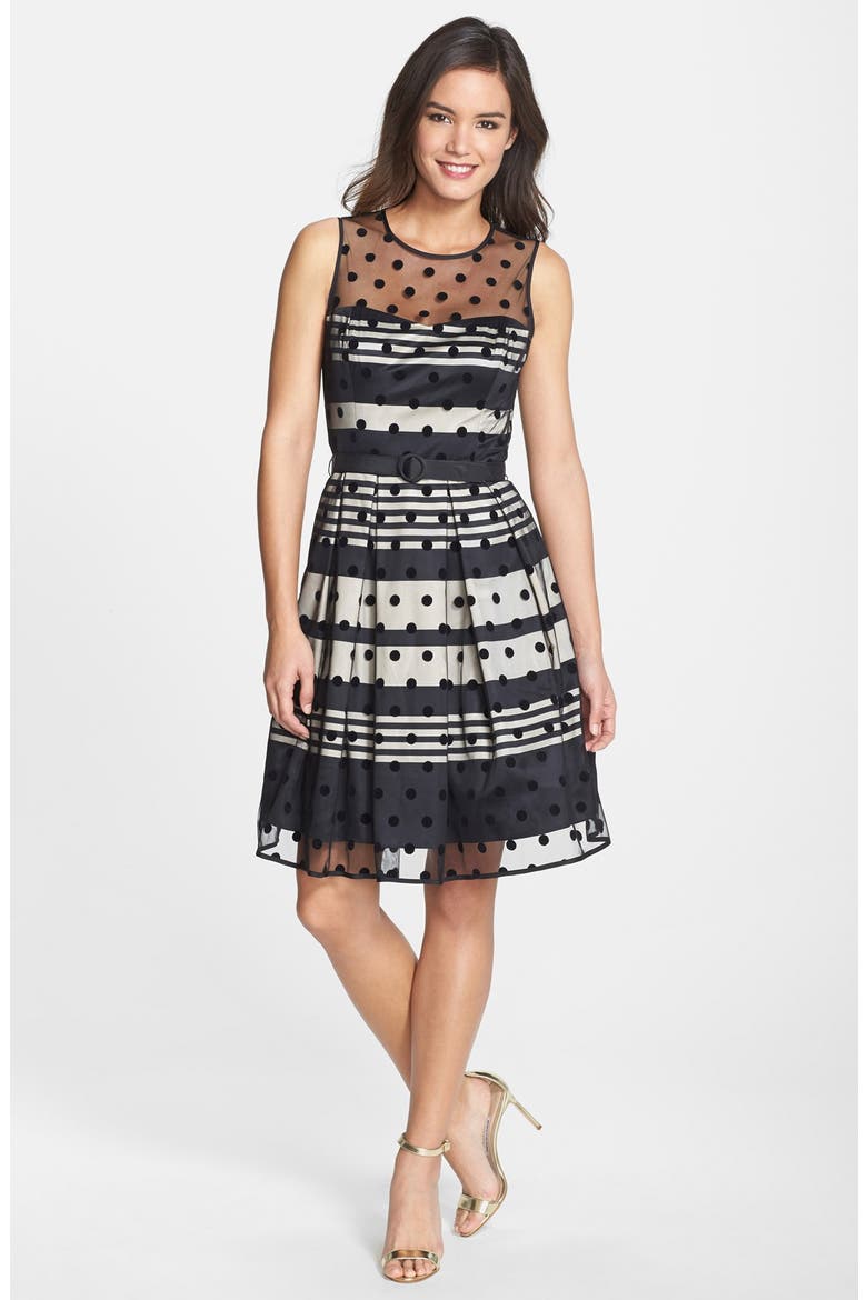 Illusion Dot Charmeuse Fit & Flare Dress, Alternate, color, BLACK/ IVORY