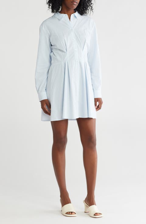 Stripe Pleated Waist Long Sleeve Shirtdress