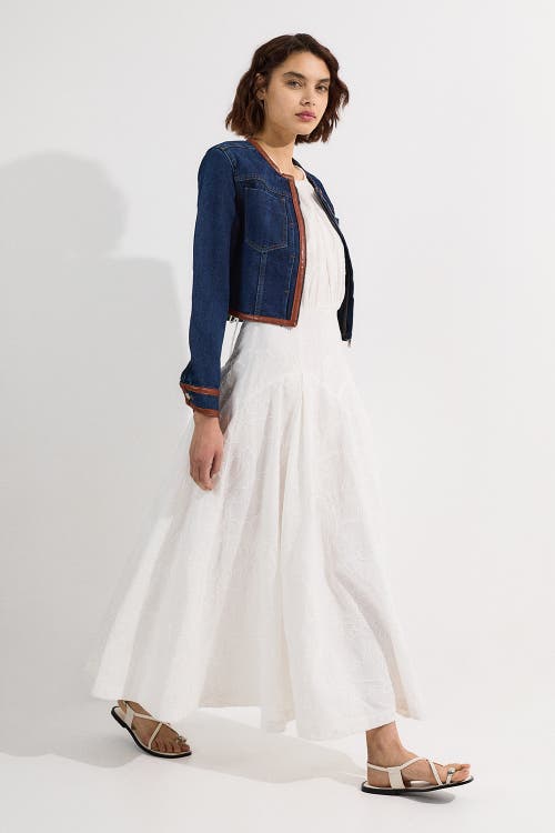 Karen Millen Denim & Leather Collarless Jacket In Blue