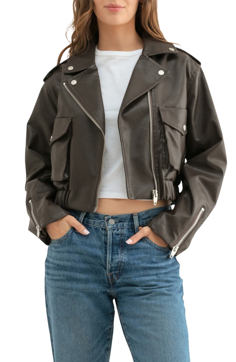 Lush Faux Leather Crop Biker Jacket, Main, color, Brown