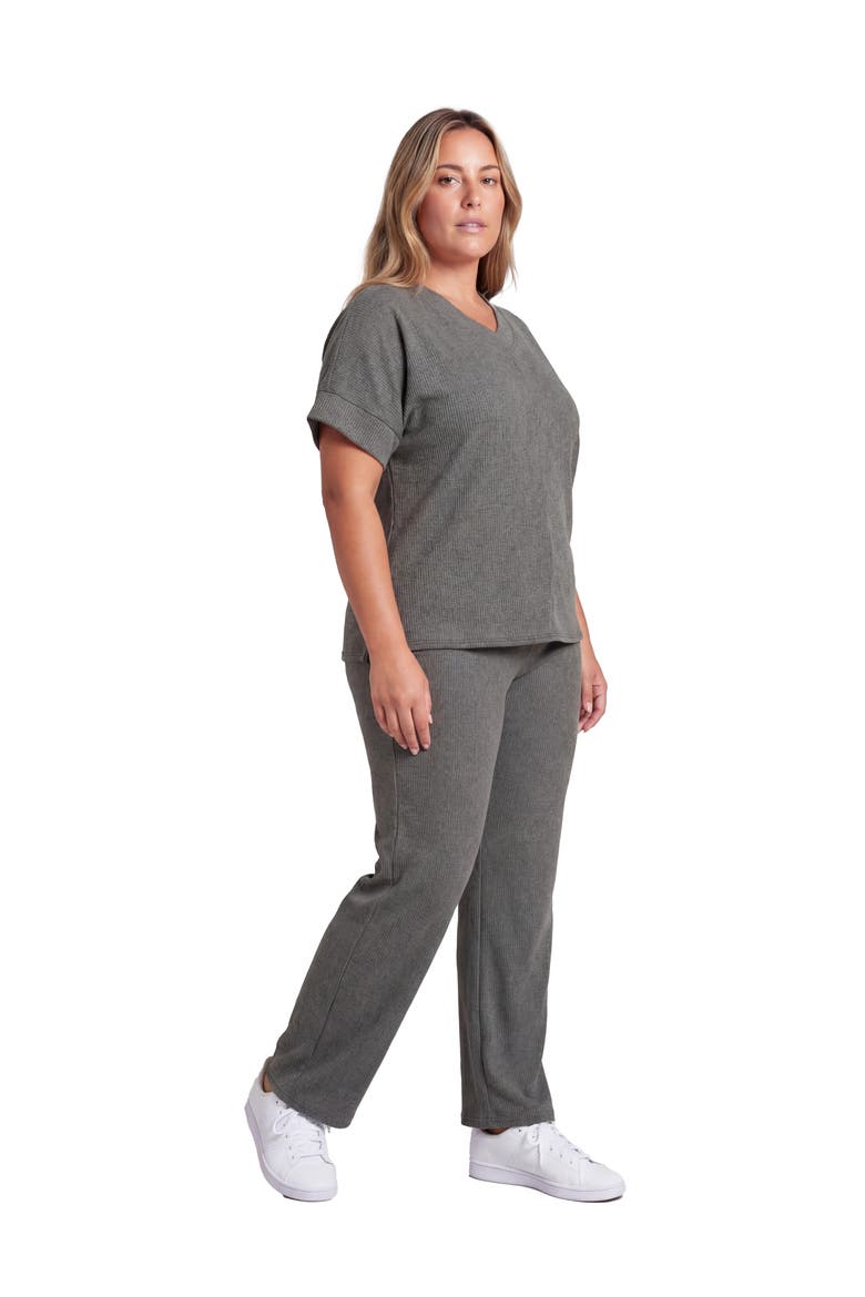Curvy Basic Ribbed Knit Dolman Sleeve V-Neck Top and Drawstring Wide Leg Pant Set, Alternate, color, Smoke