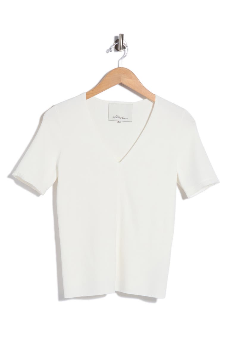 Compact Rib Short Sleeve V-Neck Top, Alternate, color, IVORY