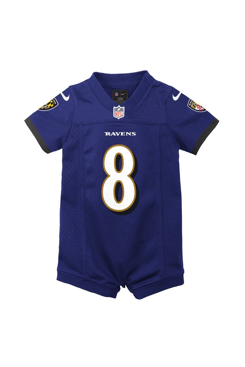 Newborn Nike Lamar Jackson Purple Baltimore Ravens Romper Game Jersey, Alternate, color, Purple