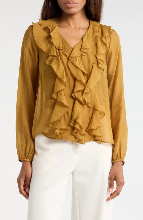 Ruffle V-Neck Long Sleeve Top