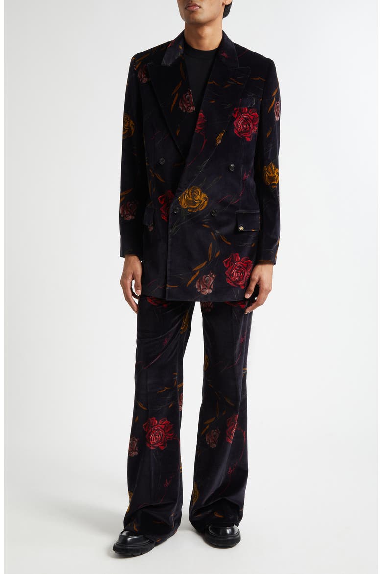 Floral Velveteen Flare Leg Pants, Alternate, color, BLACK