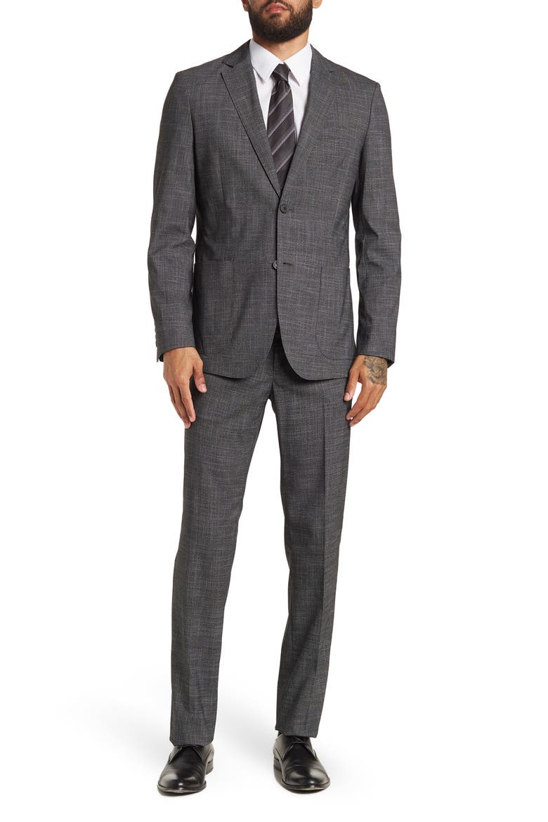 Two Button Notch Lapel Flat Front Trim Fit Suit, Main, color, BLACK