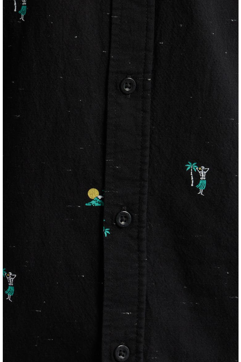 Skelly Breach Tropical Print Short Sleeve Cotton Chambray Button-Down Shirt, Alternate, color, BLACK