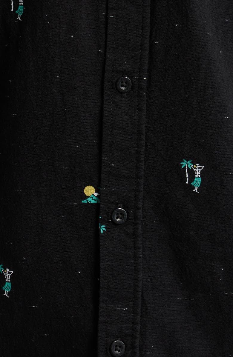 Rip Curl Skelly Breach Tropical Print Short Sleeve Cotton Chambray Button-Down Shirt, Alternate, color, Black