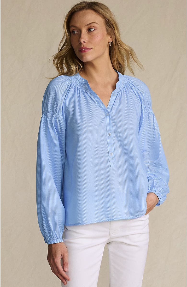 Lands' End Cotton Voile Long Sleeve Raglan Smocked Top, Main, color, Crisp Blue/White Pinstripe