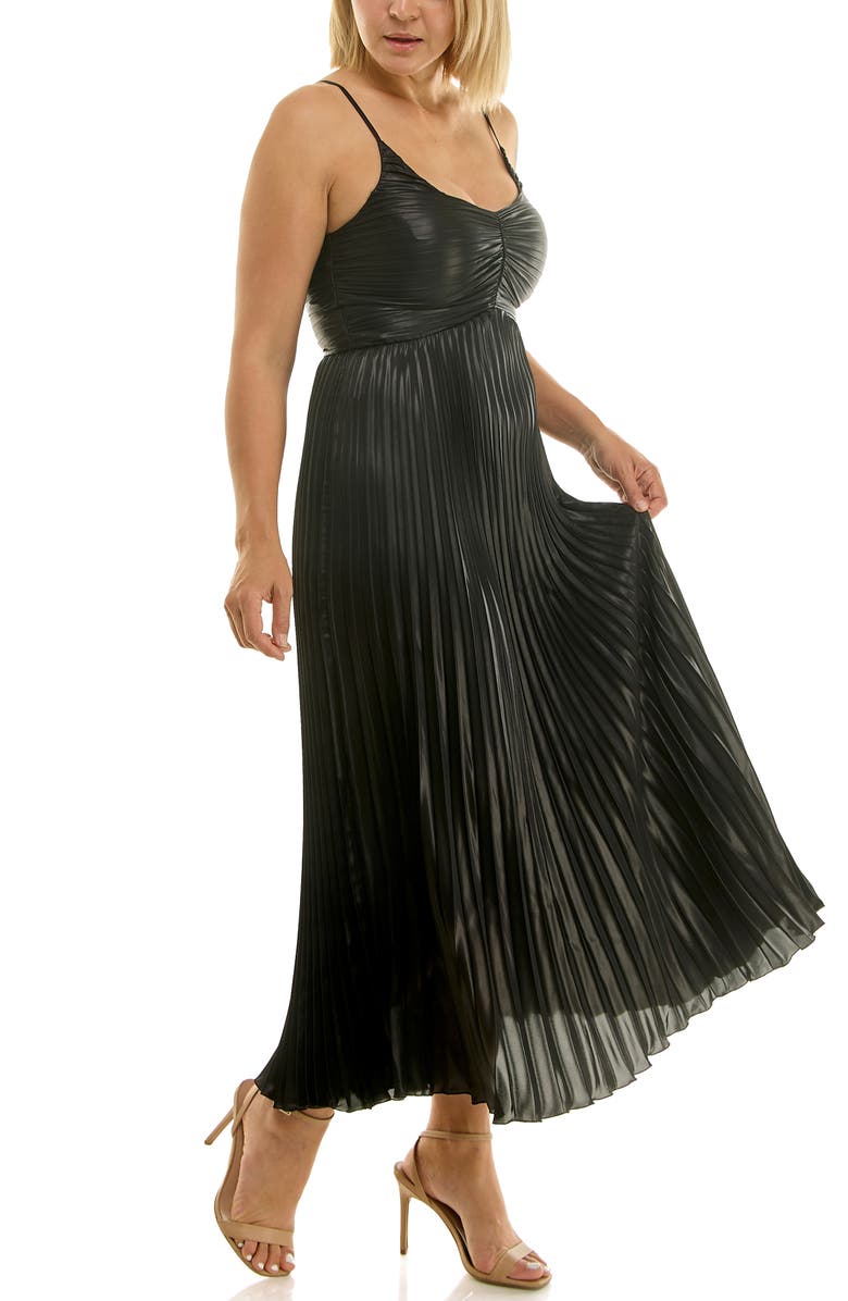 Nicole Miller Pleated Metallic Midi Dress, Alternate, color, Very Black Metallic
