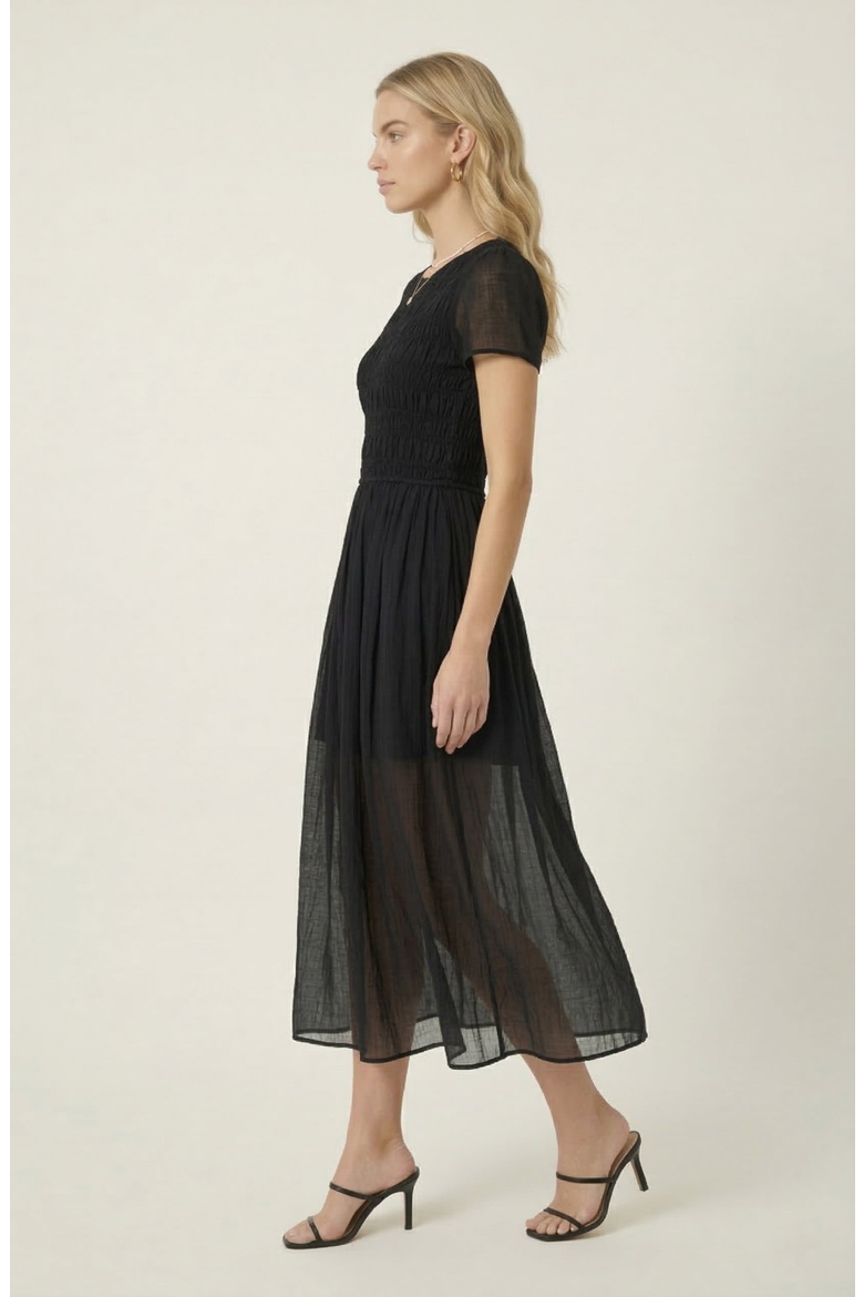 Sheer Overlay Midi Dress with Smocked Bodice, Alternate, color, Black