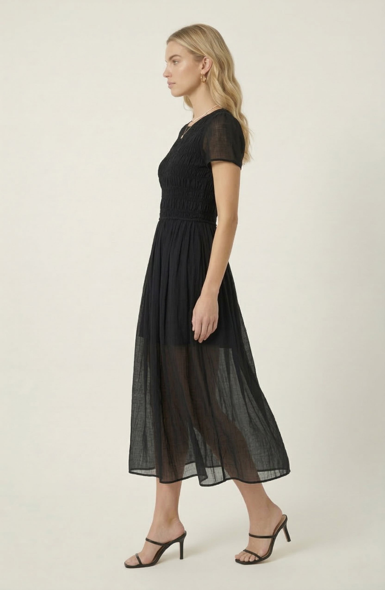 Modenaire Sheer Overlay Midi Dress with Smocked Bodice, Alternate, color, Black