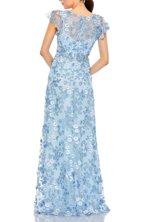 Mac Duggal Embroidered Applique Wrap Over Flutter Sleeve Gown In Blue