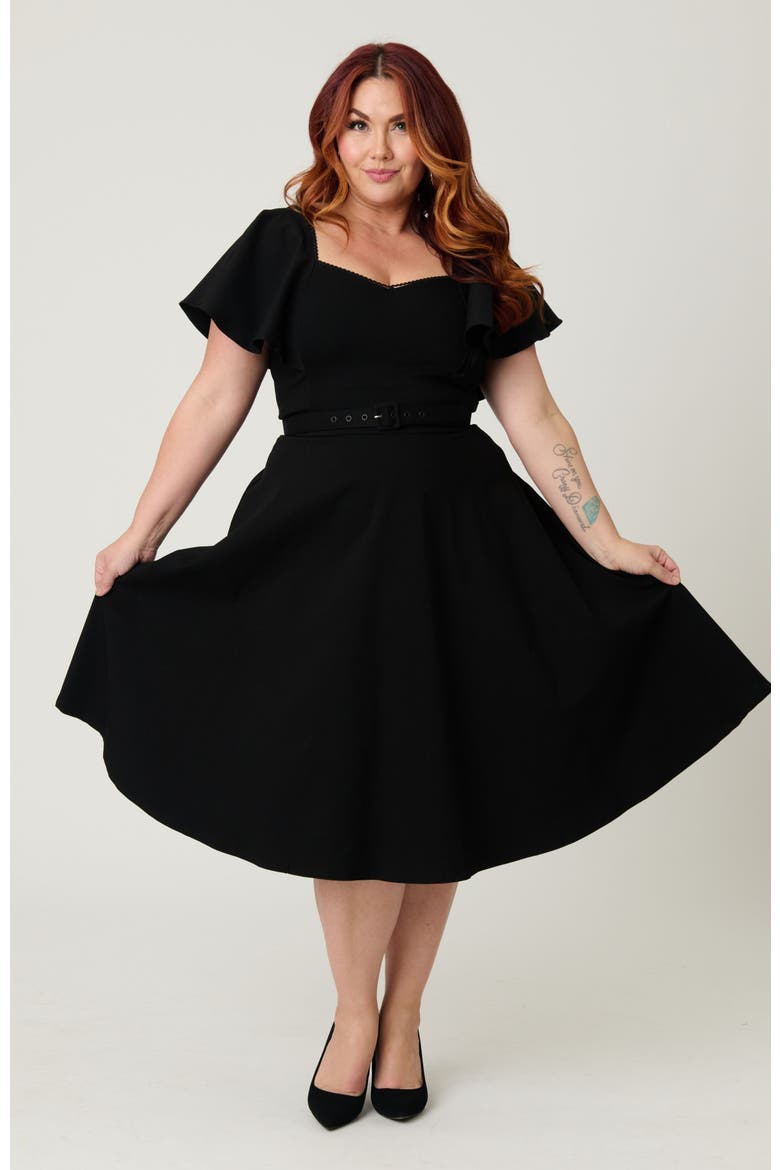 Plus Size Flutter Sleeve Belted Swing Dress, Alternate, color, Solid Black