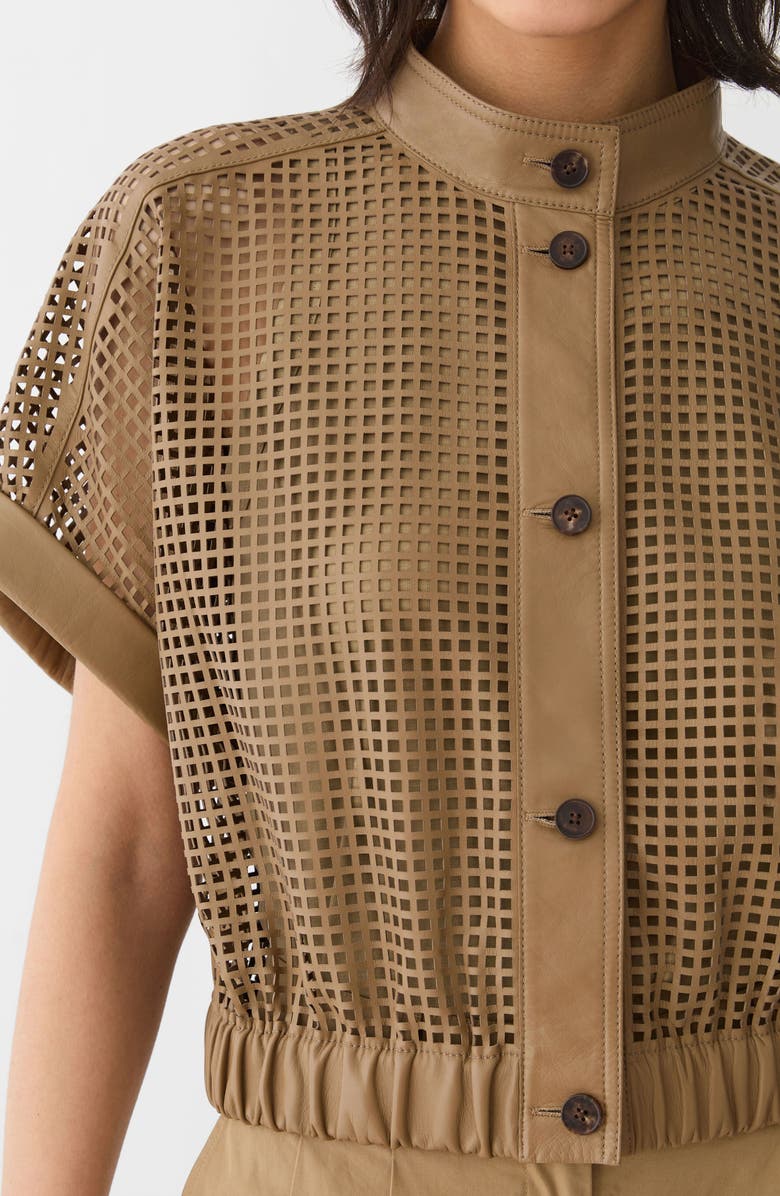 Lafayette 148 New York Laser Cut Grid Napa Leather Jacket, Alternate, color, Green Clay
