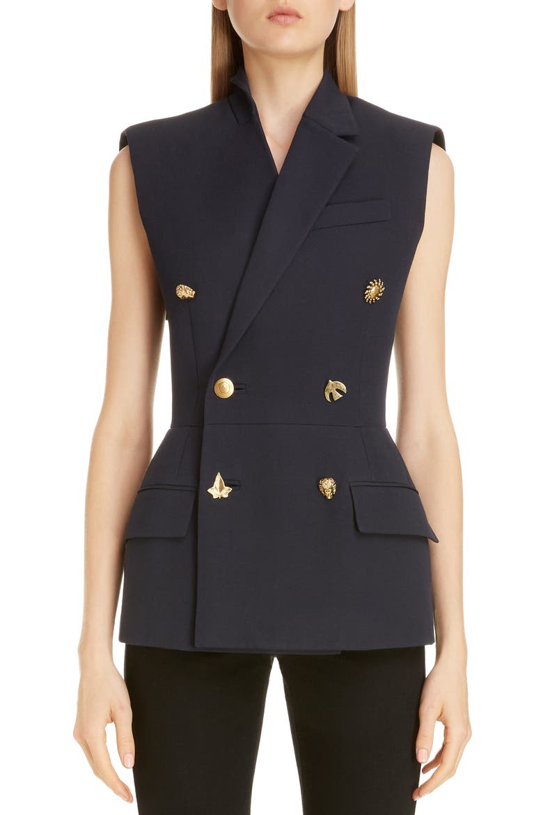 Charm Button Sleeveless Double Breasted Wool Jacket, Main, color, NAVY