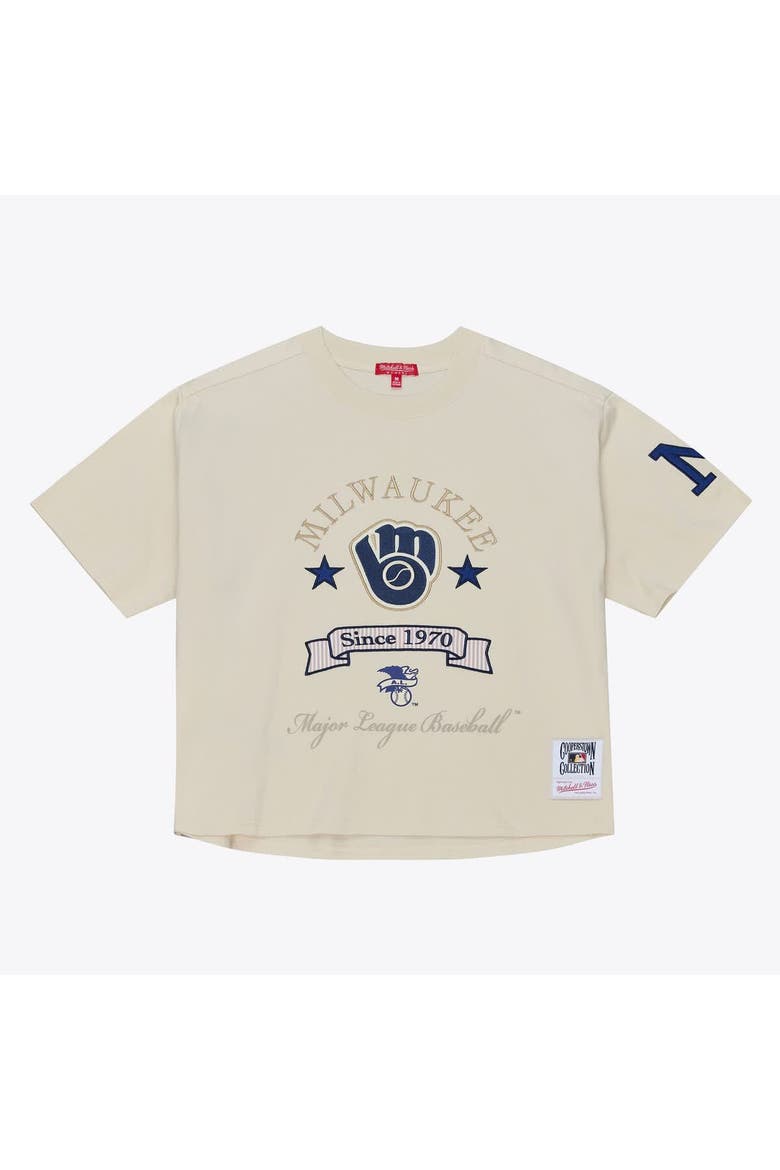 Women's Mitchell & Ness  Cream Milwaukee Brewers Cooperstown Yacht Rock Boxy Cropped T-Shirt, Alternate, color, Cream