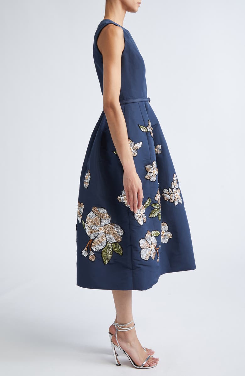 Oscar de la Renta Sequin Floral Embroidered Belted Cocktail Dress, Alternate, color, Navy