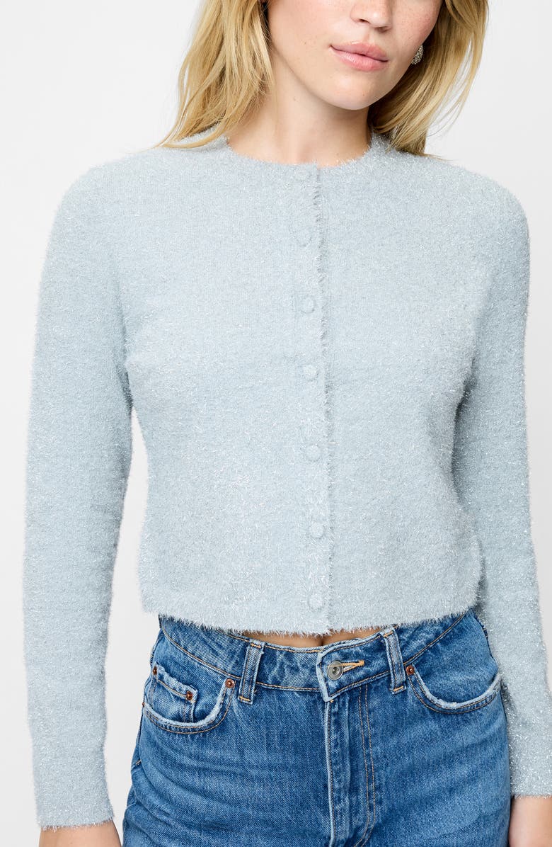 French Connection Tinsel Metallic Fuzzy Cardigan, Main, color, Silver