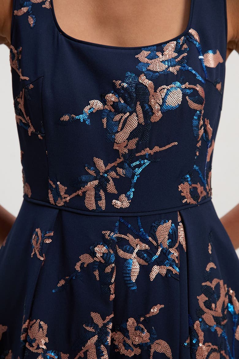 Petite Satin Sequin Prom Dress, Alternate, color, Navy