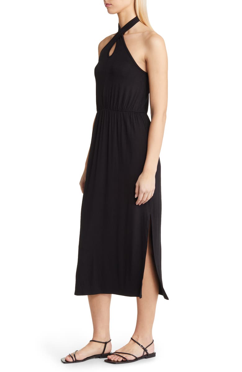 Loveappella Twist Halter Neck Midi Dress, Alternate, color, Black