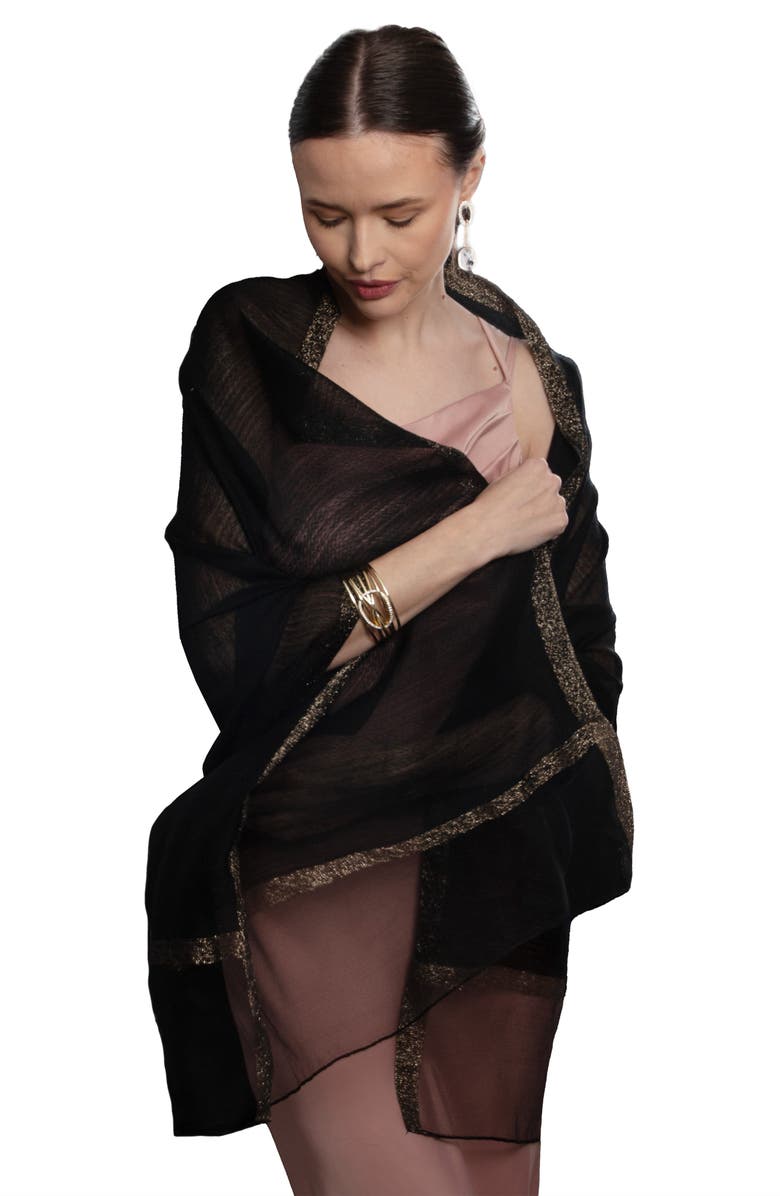 SAACHI Shimmer Border Metallic Trim Scarf, Alternate, color, Black