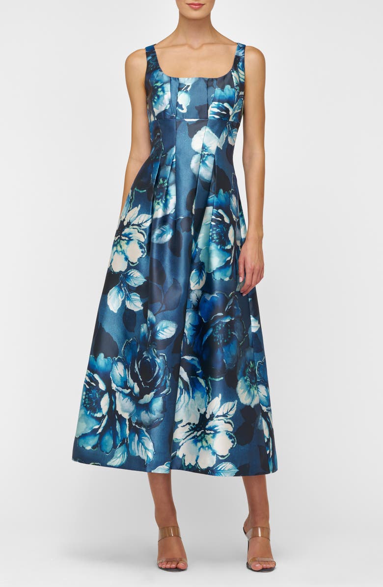 Kay Unger June Floral Mikado Cocktail A-Line Dress, Main, color, Dark Ink Multi