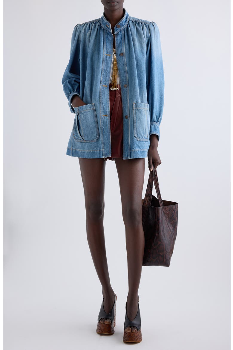 Puff Sleeve Denim Jacket, Alternate, color, ICED BLUE
