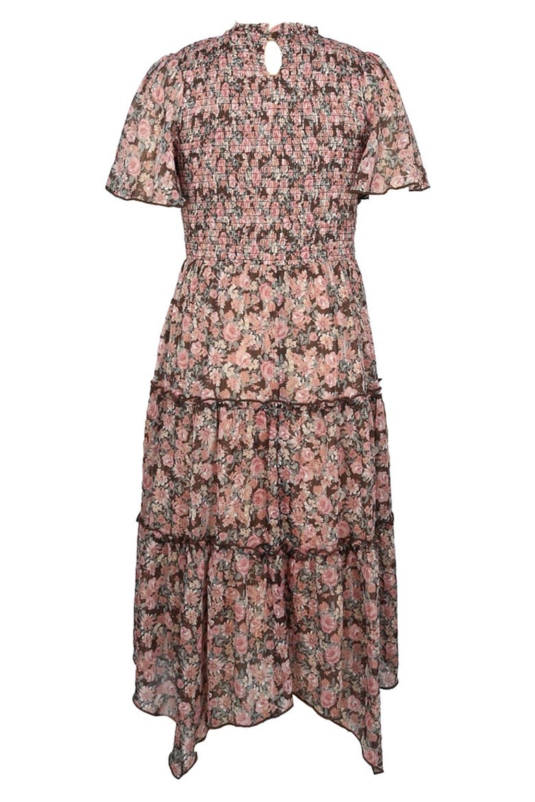 Kids' Metallic Smocked Bodice Flutter Sleeve Tiered Chiffon Maxi Dress, Alternate, color, MOCHA