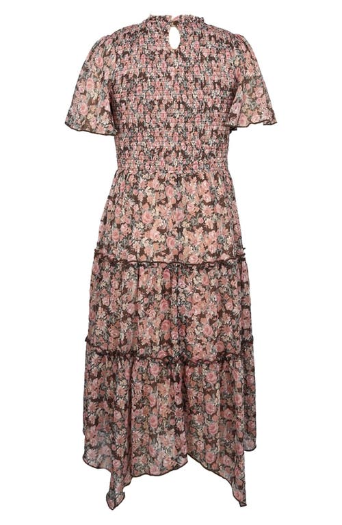 Zunie Kids' Metallic Smocked Bodice Flutter Sleeve Tiered Chiffon Maxi Dress In Brown