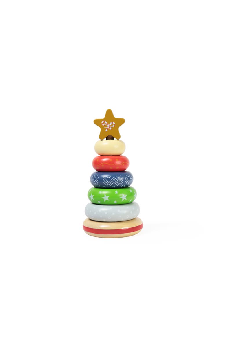 Leo & Friends Wooden Christmas Stacking Toy, 5 Wooden Rings, 1 Star On Top, Main, color, Green