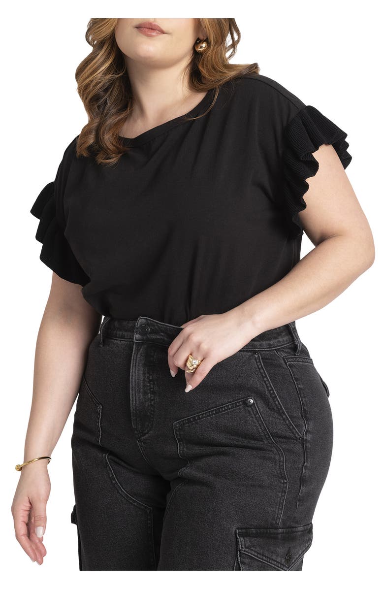 ELOQUII Ruffle Sleeve Tee, Main, color, Black