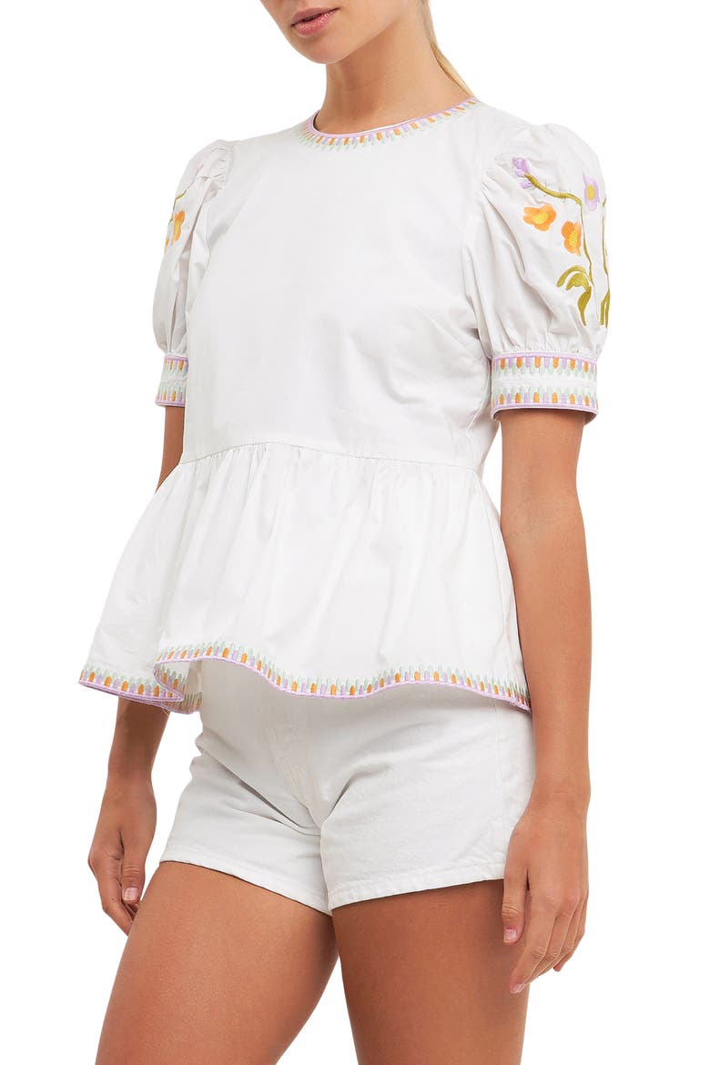 Embroidered Peplum Cotton Top, Alternate, color, IVORY/ MULTI