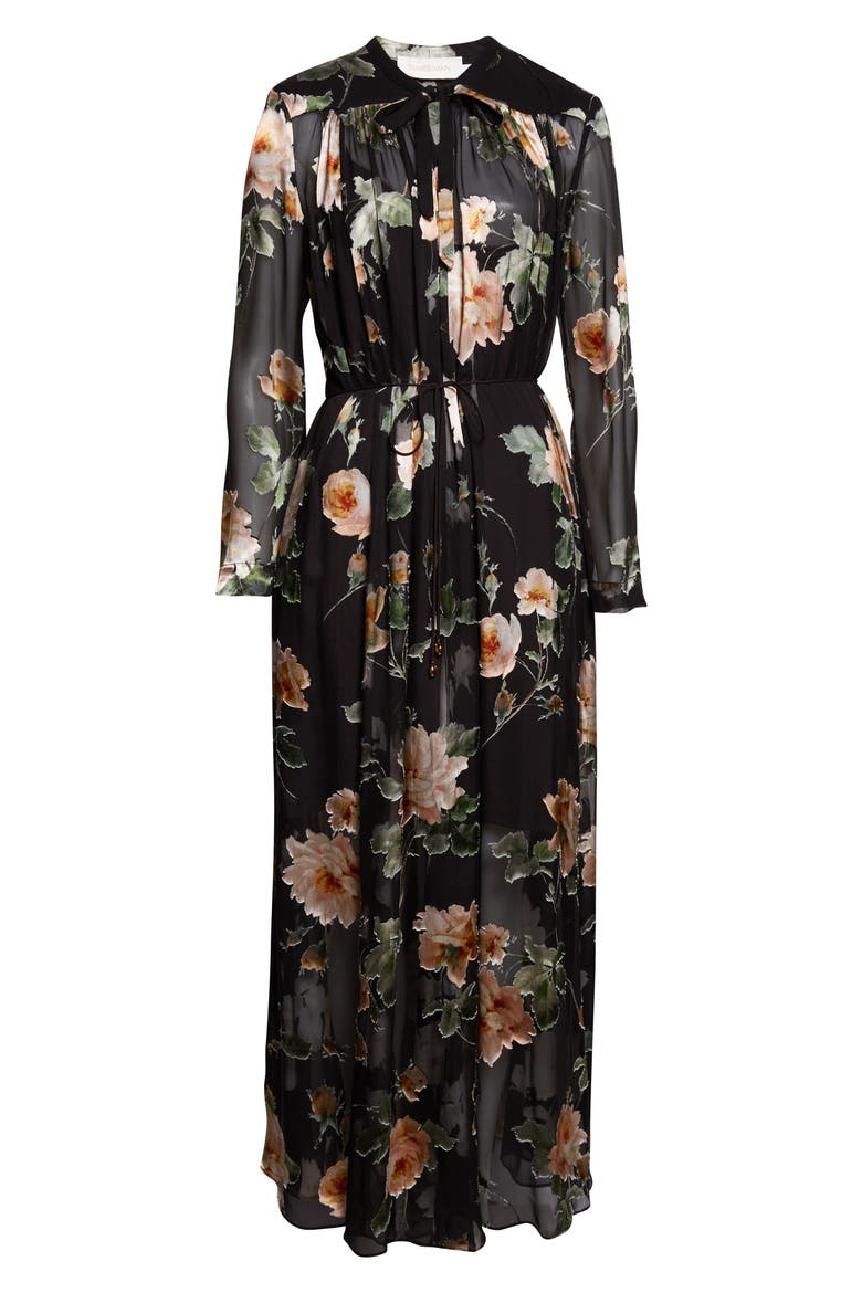Luna Floral Long Sleeve Silk Burnout Maxi Dress, Alternate, color, BLACK ROSE