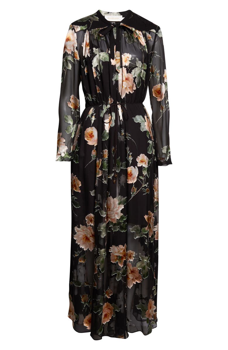 Zimmermann Luna Floral Long Sleeve Silk Burnout Maxi Dress, Alternate, color, Black Rose