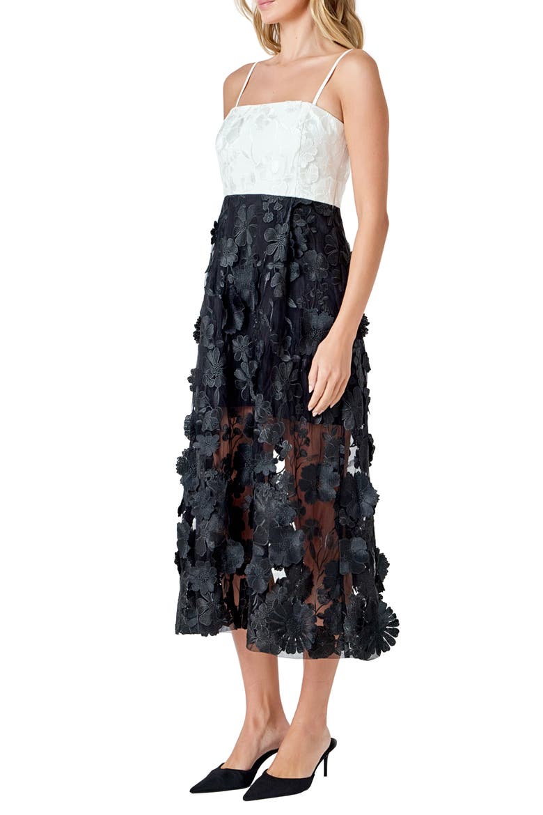 Floral Appliqué Colorblock Midi Dress, Alternate, color, WHITE/ BLACK