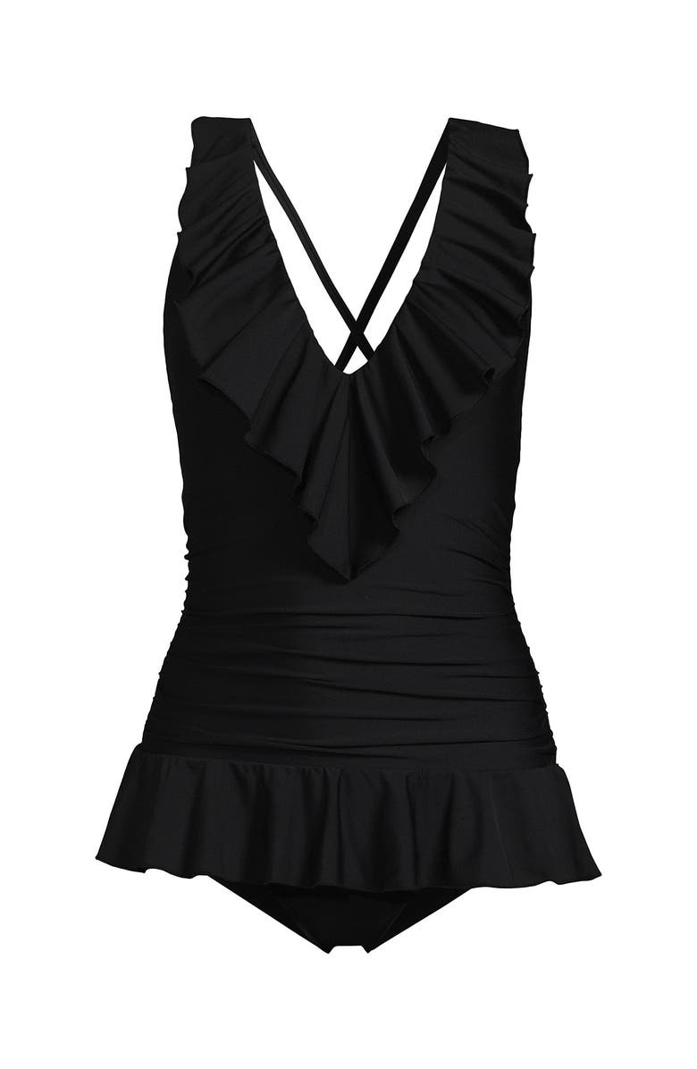 Lands' End Ruffle Plunge Skirted High Leg One Piece, Alternate, color, Black