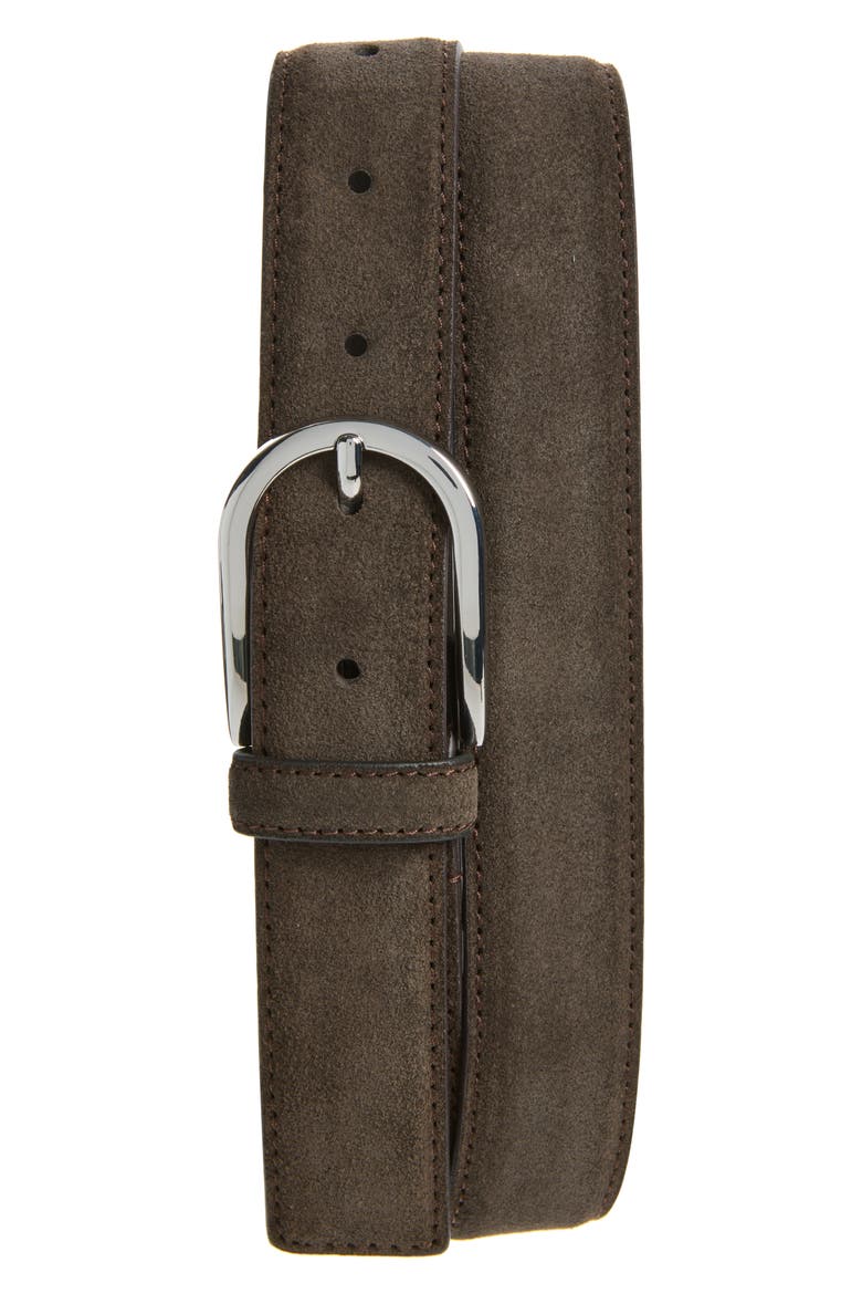 Sean Suede Round Buckle Belt, Main, color, DARK BROWN