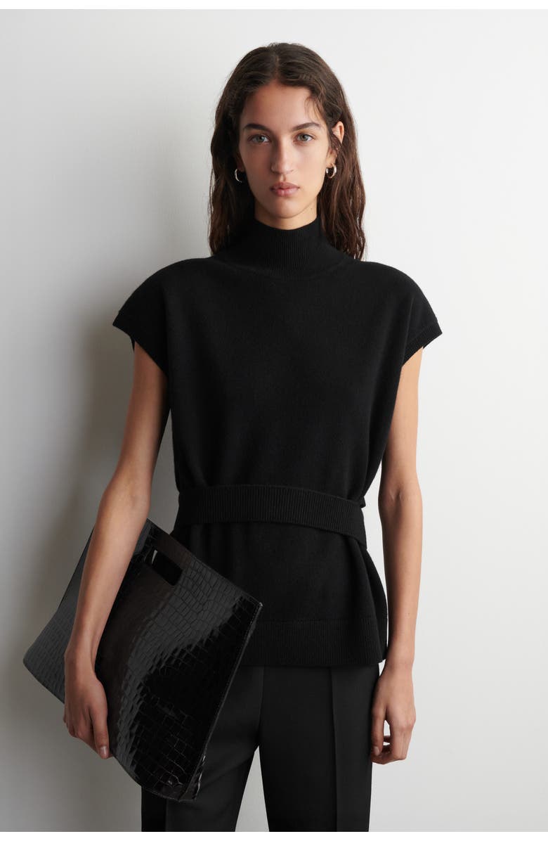 COS Belt-Detail Mock-Neck Wool Vest, Main, color, Black