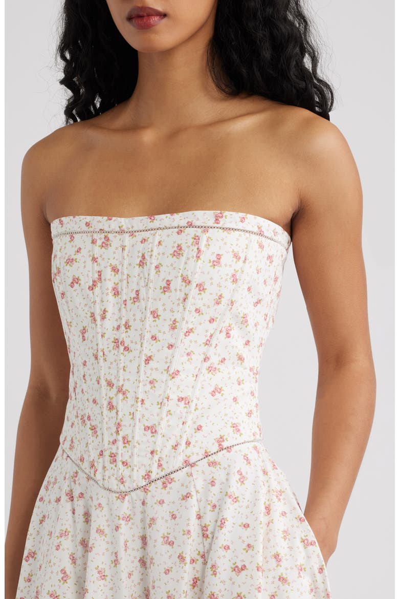 Gina Floral Strapless Corset Stretch Cotton Maxi Dress, Alternate, color, WHITE ROSE
