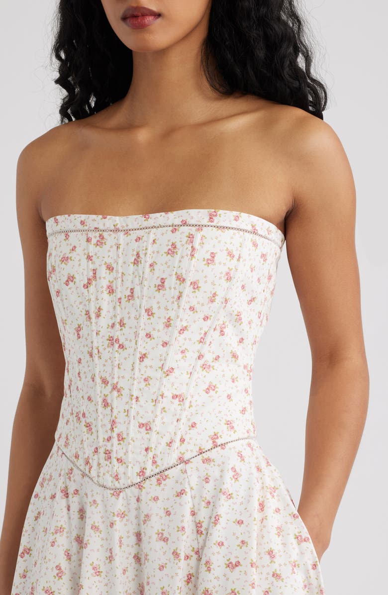 HOUSE OF CB Gina Floral Strapless Corset Stretch Cotton Maxi Dress, Alternate, color, White Rose