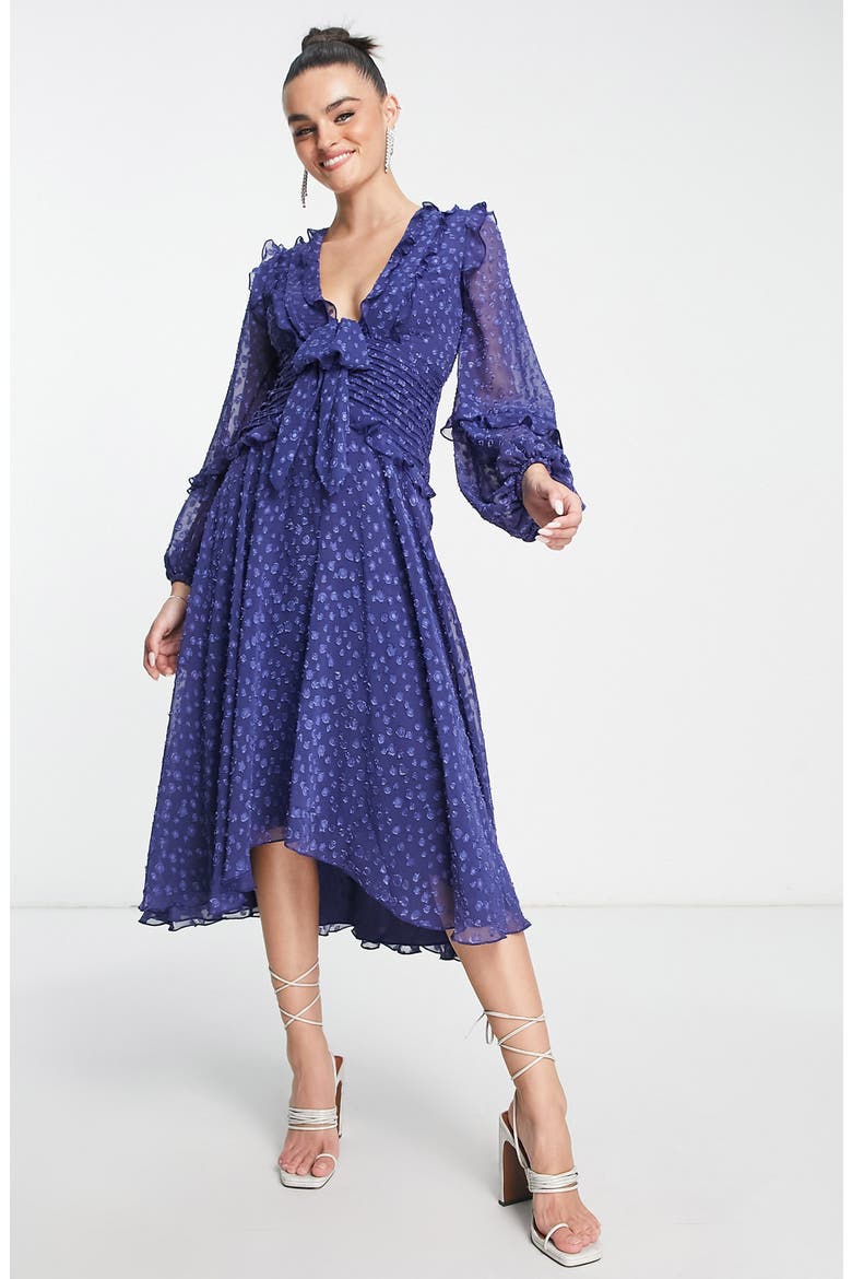 Ruffle Long Sleeve A-Line Midi Dress, Main, color, MEDIUM BLUE