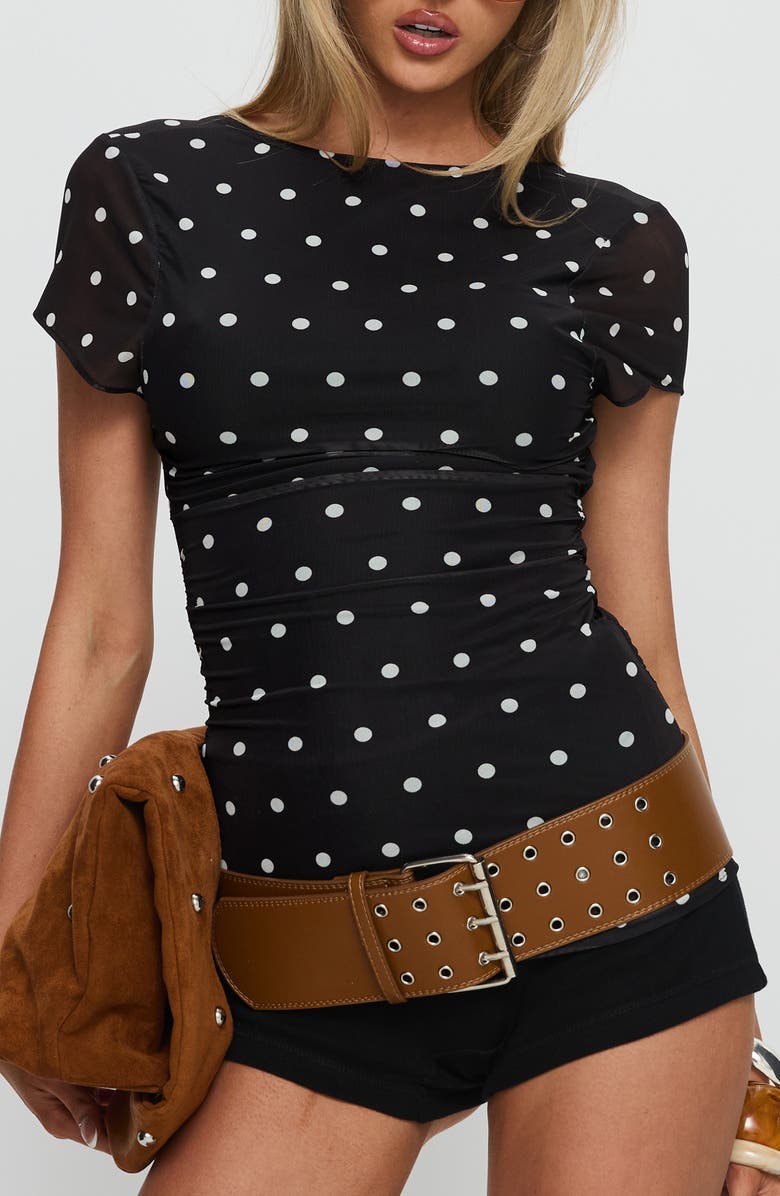 Princess Polly Attraction Polka Dot Mesh Top, Main, color, Black Polka