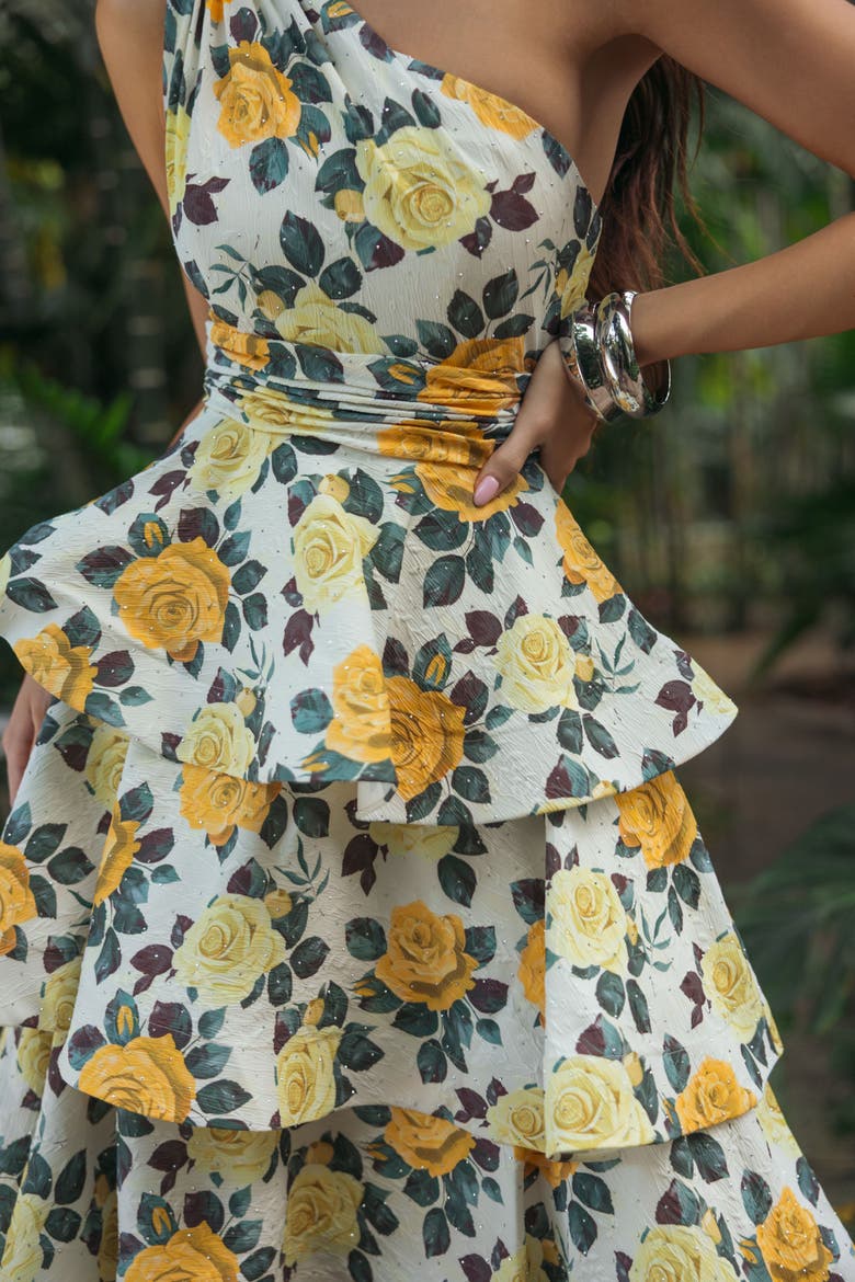 Floral One Shoulder Charmeuse Tiered Midi Dress, Alternate, color, Yellow rose