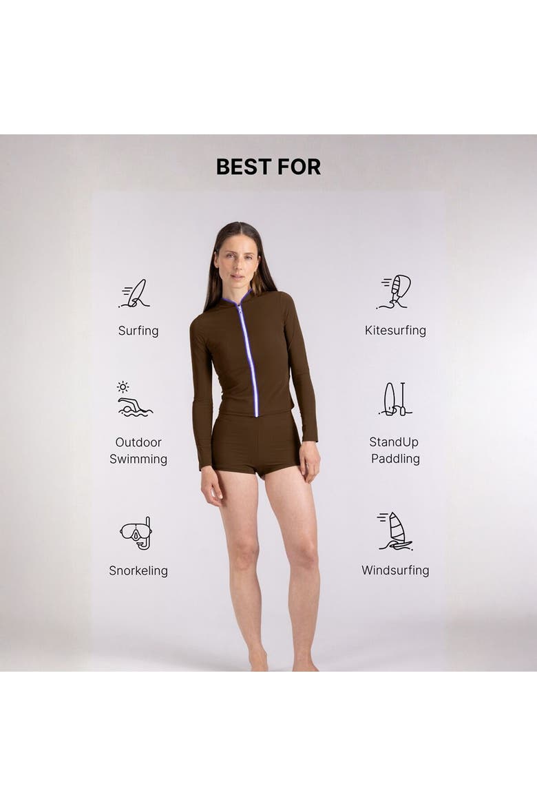 Rash Guard With Zip - Women's, Alternate, color, Coffee/Blue Binding