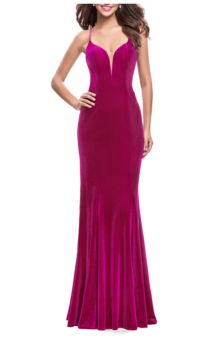 La Femme Strapless Velvet Mermaid Dress with Strappy Back, Main, color, Fuchsia