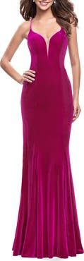 La Femme Strapless Velvet Mermaid Dress with Strappy Back