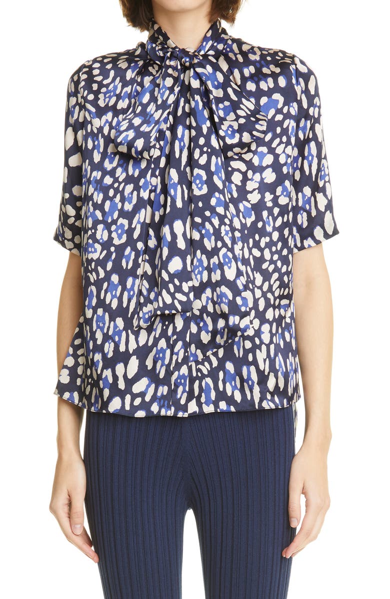 Adam Lippes Leopard Print Tie Neck Silk Blouse, Main, color, 