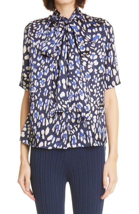 Leopard Print Tie Neck Silk Blouse