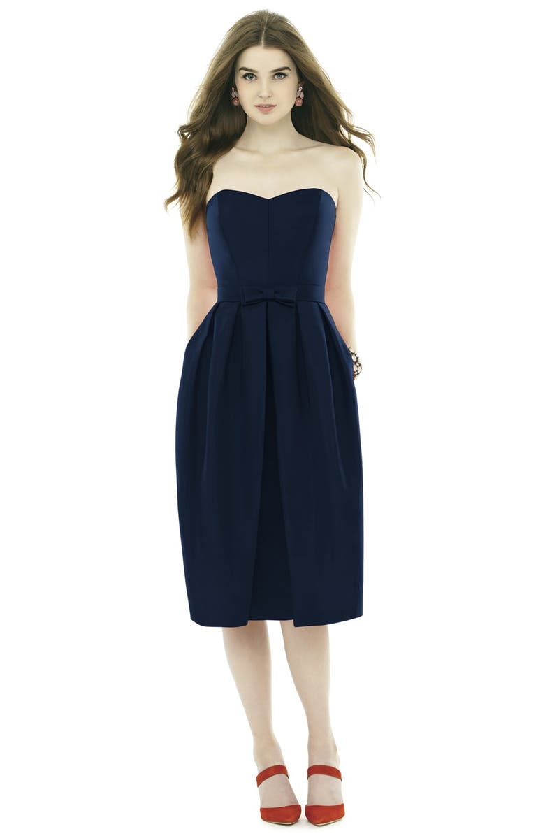 Alfred Sung Strapless Peau de Soie Midi Dress with Bow Belt, Main, color, 